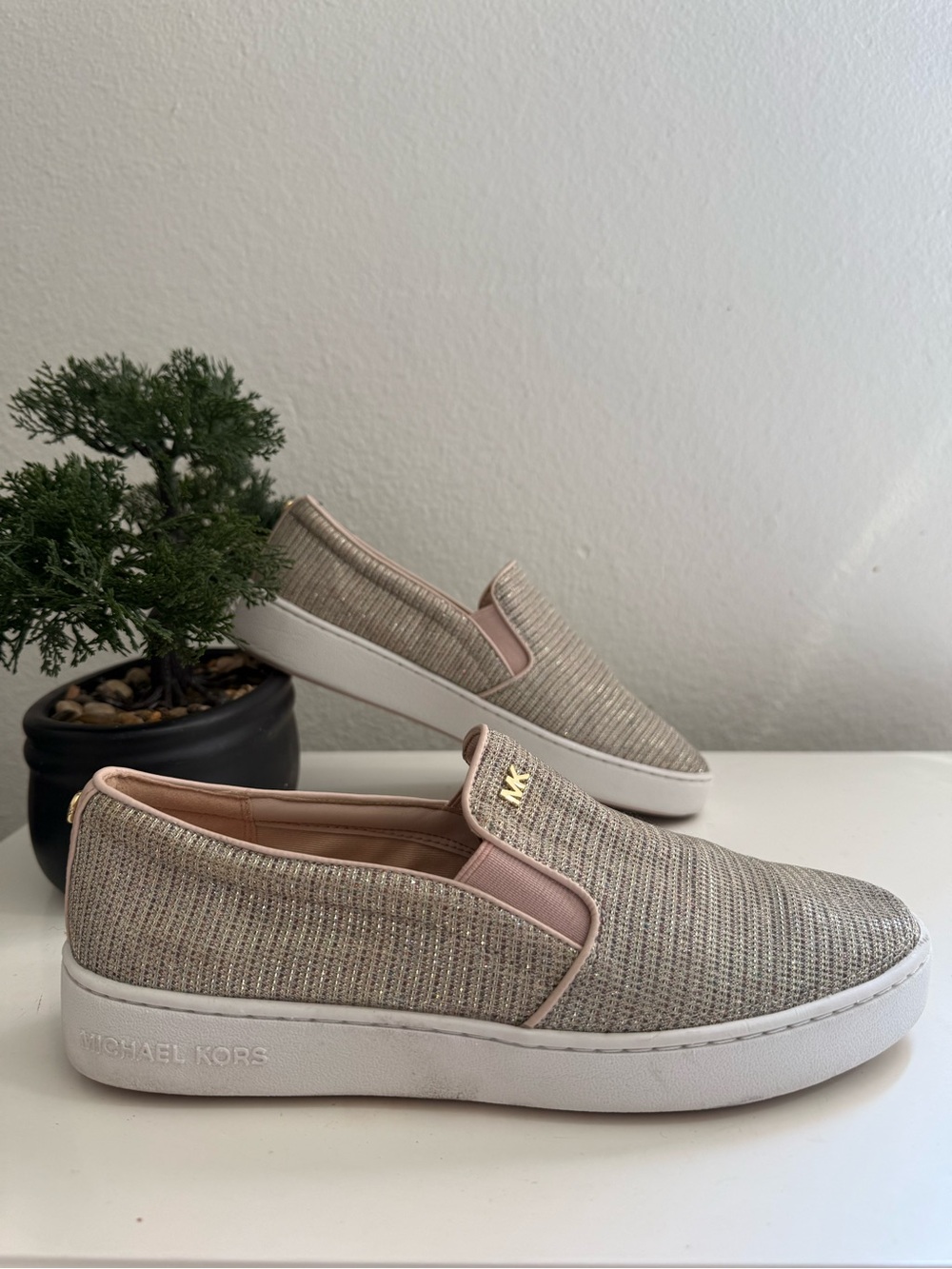 Michael Kors Keaton Metallic Beige Slip-On Sneakers size 8.5